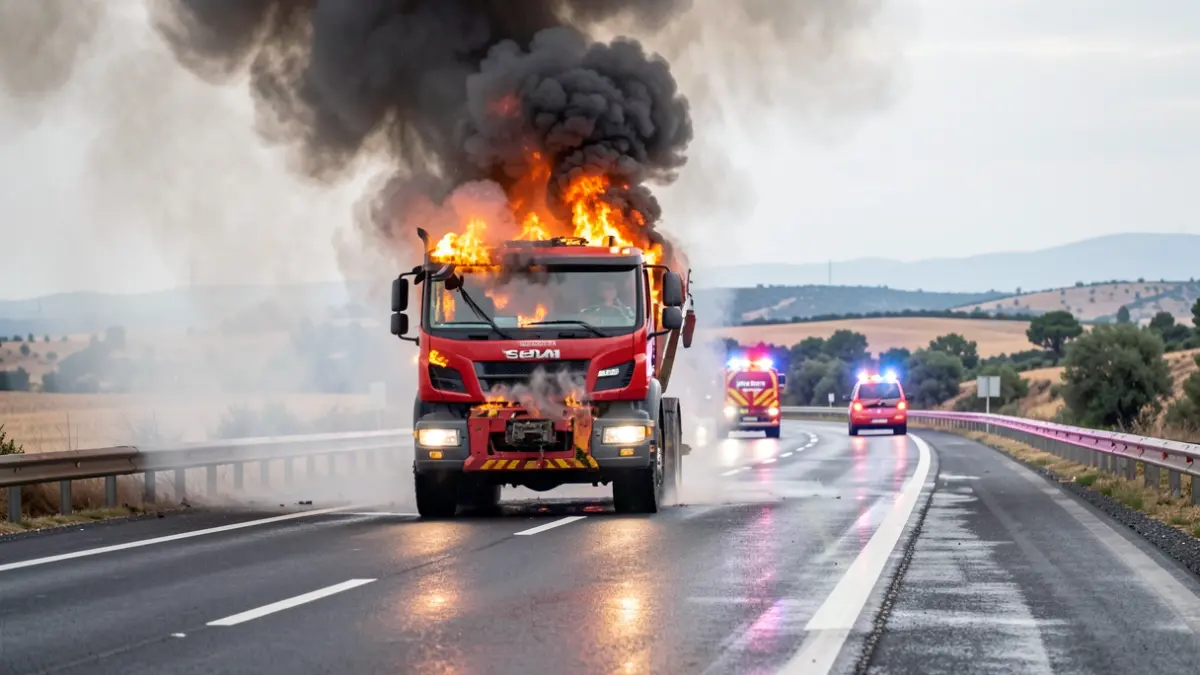 Generic image of a burning waste truck on a highway.