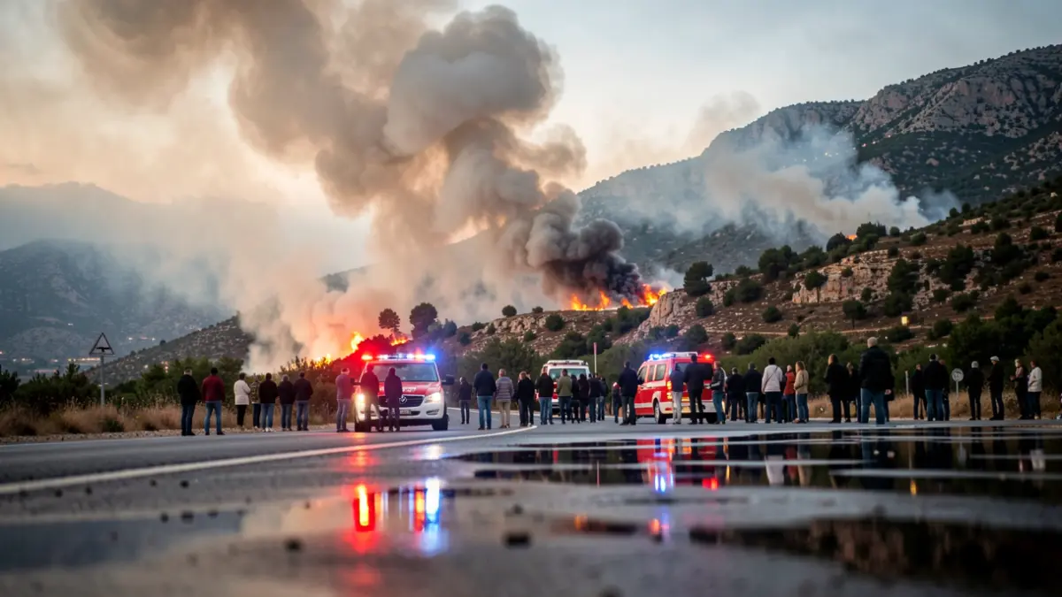 Generic image of a forest fire with emergency lights.