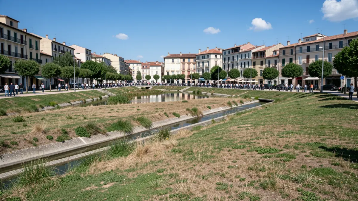 Generic image of an urban park designed to manage floods, with Mediterranean architecture in the background.