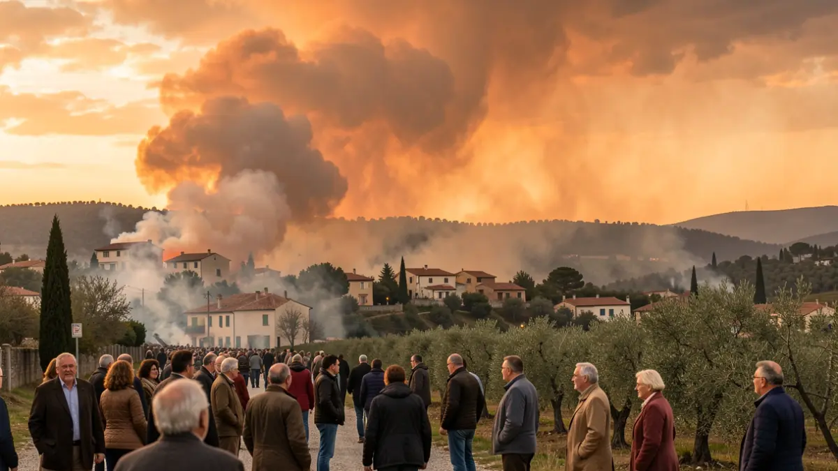 Generic image of a forest fire near a village.