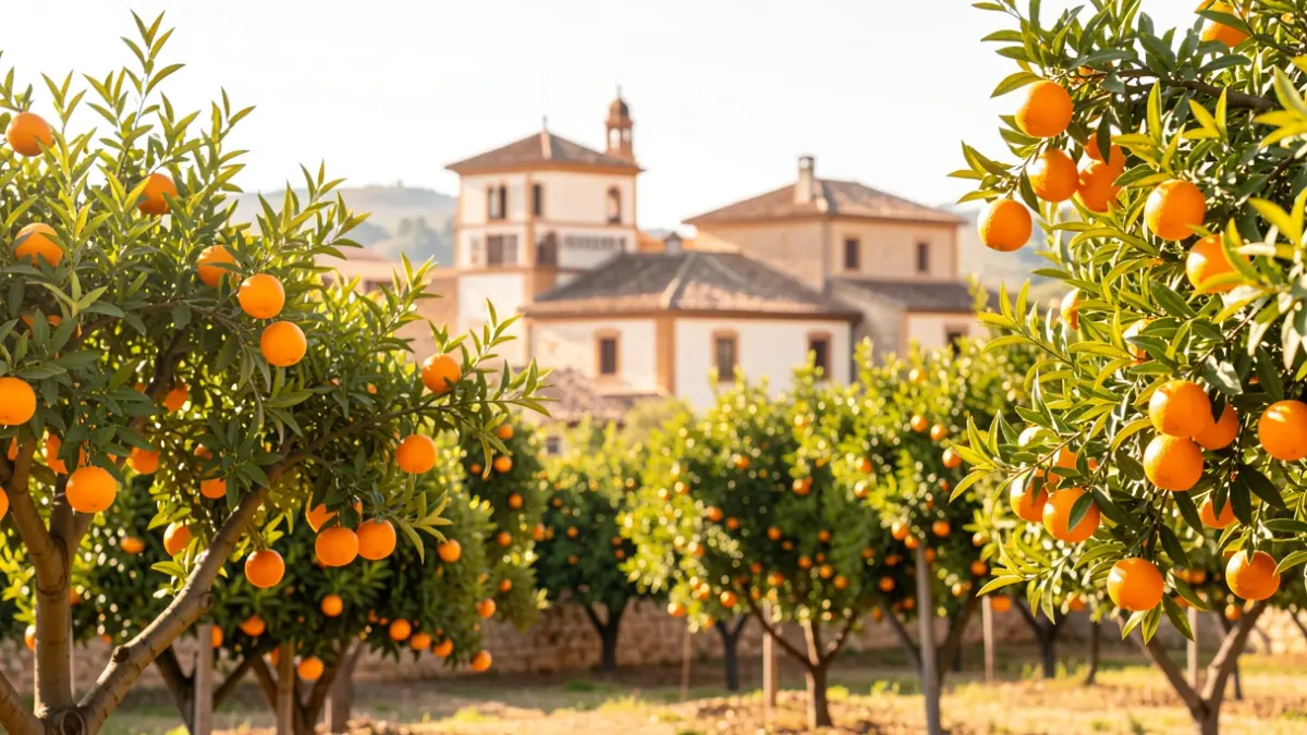 Generic image of a Mediterranean landscape with orange trees and traditional Valencian architecture.