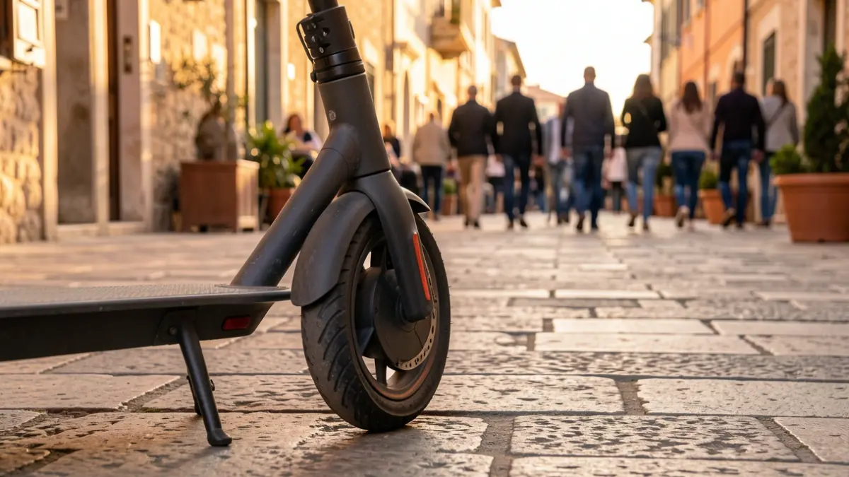 Imatge genèrica d'un patinet elèctric aparcat en un carrer mediterrani.