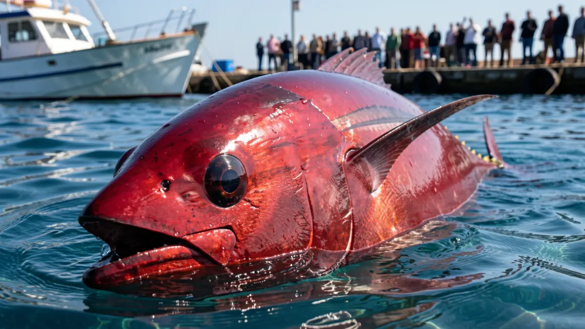 Imagen de un gran atún rojo capturado en el mar Mediterráneo.