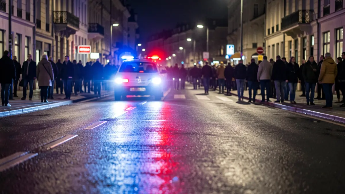 Imagen genérica de luces de emergencia reflejándose en asfalto mojado.