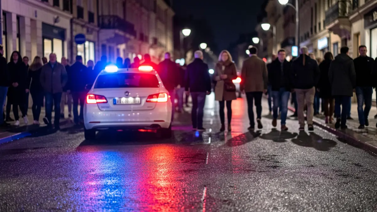 Generic image of police emergency lights reflecting on wet asphalt.