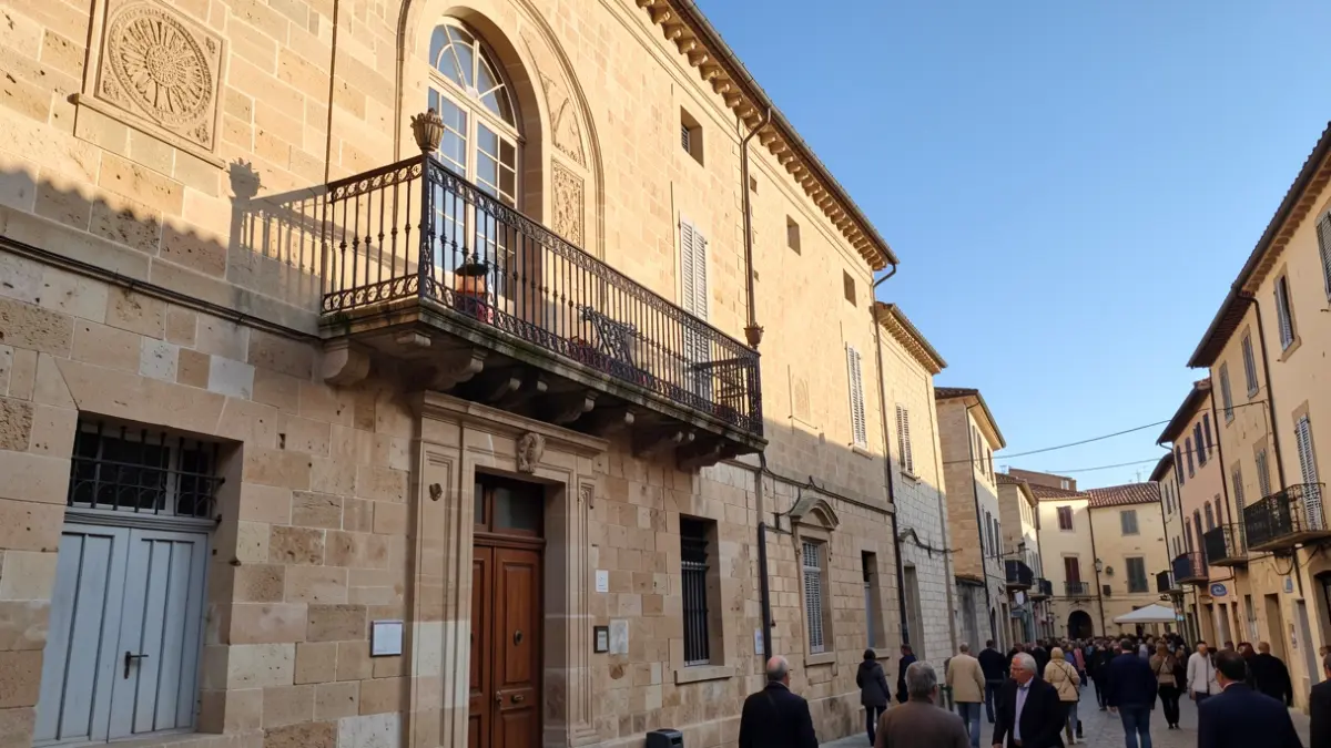 Façana d'un ajuntament de pedra amb balcó i baranes de ferro, llum solar de la vesprada.