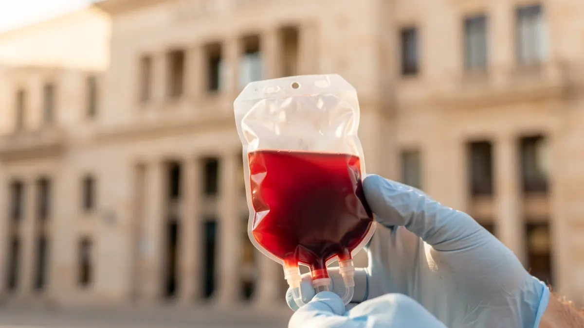 Imagen genérica de una bolsa de sangre con el fondo del MARQ de Alicante.