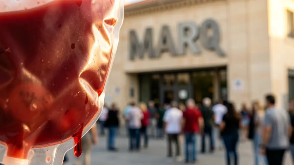 Generic image of a blood bag with a red drop falling, with the MARQ in the background.
