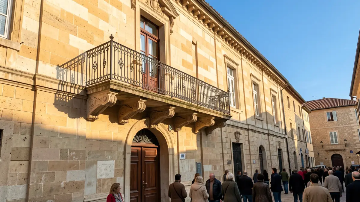 Imatge genèrica de la façana d'un ajuntament mediterrani amb balcó i baranes de ferro, il·luminat per la llum càlida de la vesprada.
