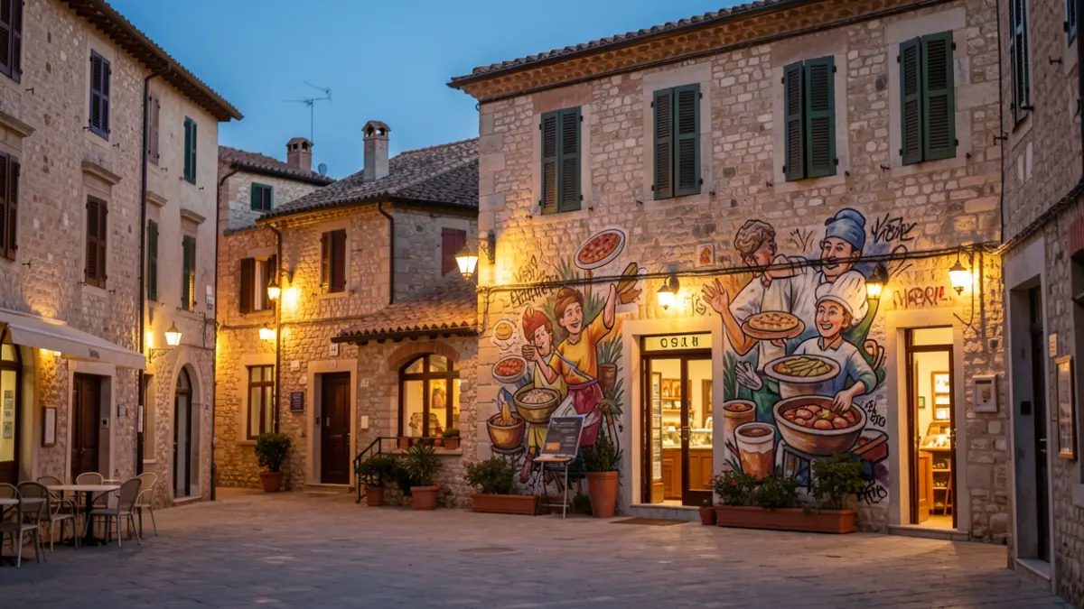Imatge genèrica d'una plaça mediterrània amb un grafiti artístic en una pizzería.