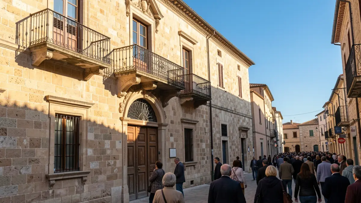 Facade of a Mediterranean town hall with a balcony and iron railings, illuminated by the afternoon sun.