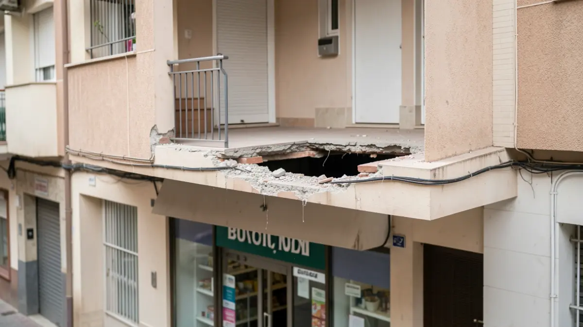 Imagen genérica de un edificio con un agujero en el piso superior que da a un local comercial.