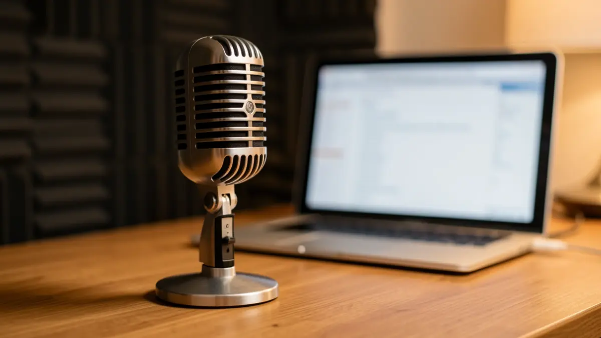 Image of an old microphone in a recording studio.