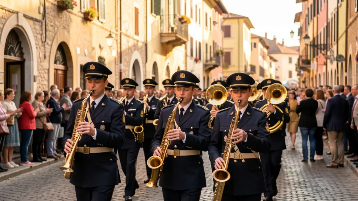 Imagen genérica de una banda de música desfilando en una calle de ciudad durante una fiesta.