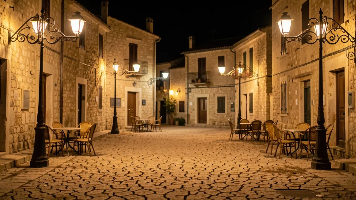 Generic image of a Valencian town square at night with street furniture and dry ground due to heat.