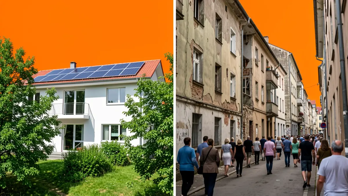 Imatge dividida que mostra una casa moderna i ben cuidada amb panells solars i arbres verds en contrast amb un edifici antic i deteriorat en un carrer sense ombra, sota un cel taronja d'onada de calor.