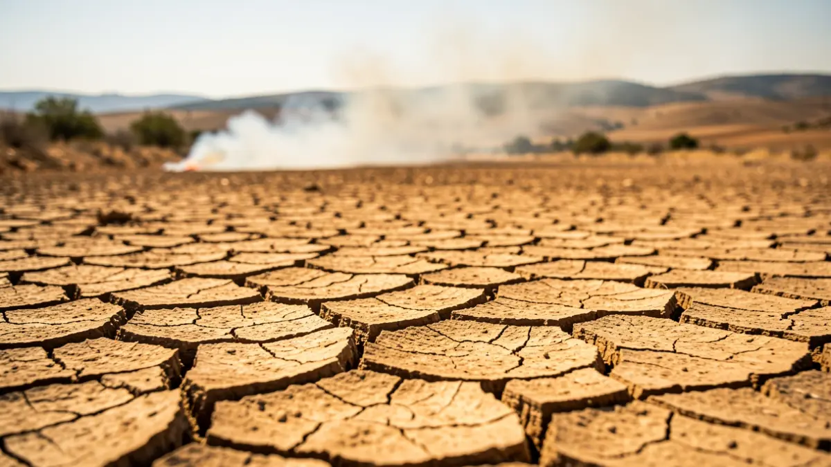 Generic image of dry earth and smoke in the sky, symbolizing extreme heat and fire risk.