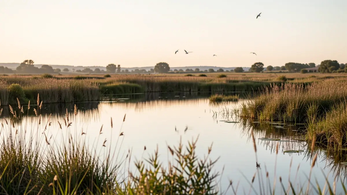 Imagen genérica de un humedal mediterráneo con vegetación y aves.