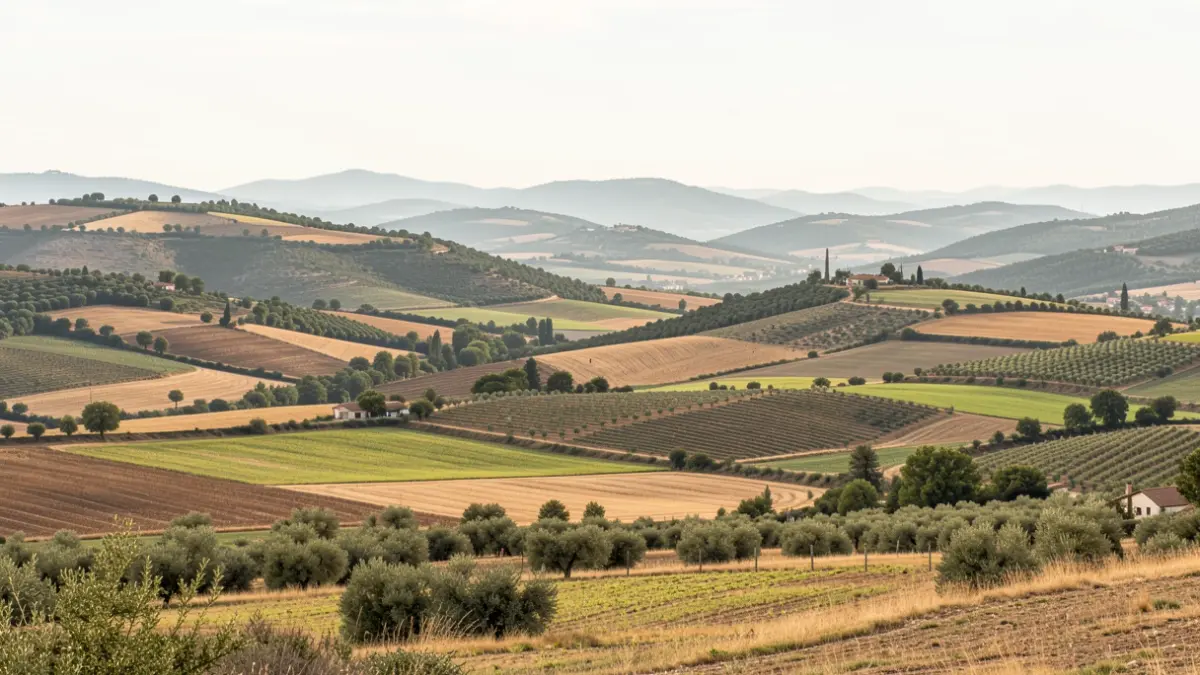 Paisaje rural del Valle de Cofrentes con campos de cultivo y colinas.