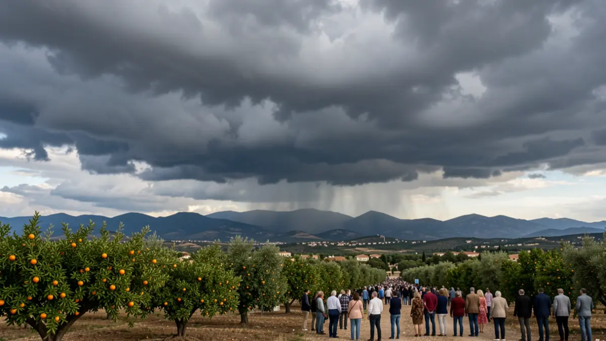 Imagen genérica de nubes de tormenta sobre un paisaje mediterráneo con naranjos.
