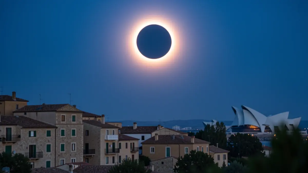Image of a total solar eclipse over a Mediterranean landscape with Valencian architecture.