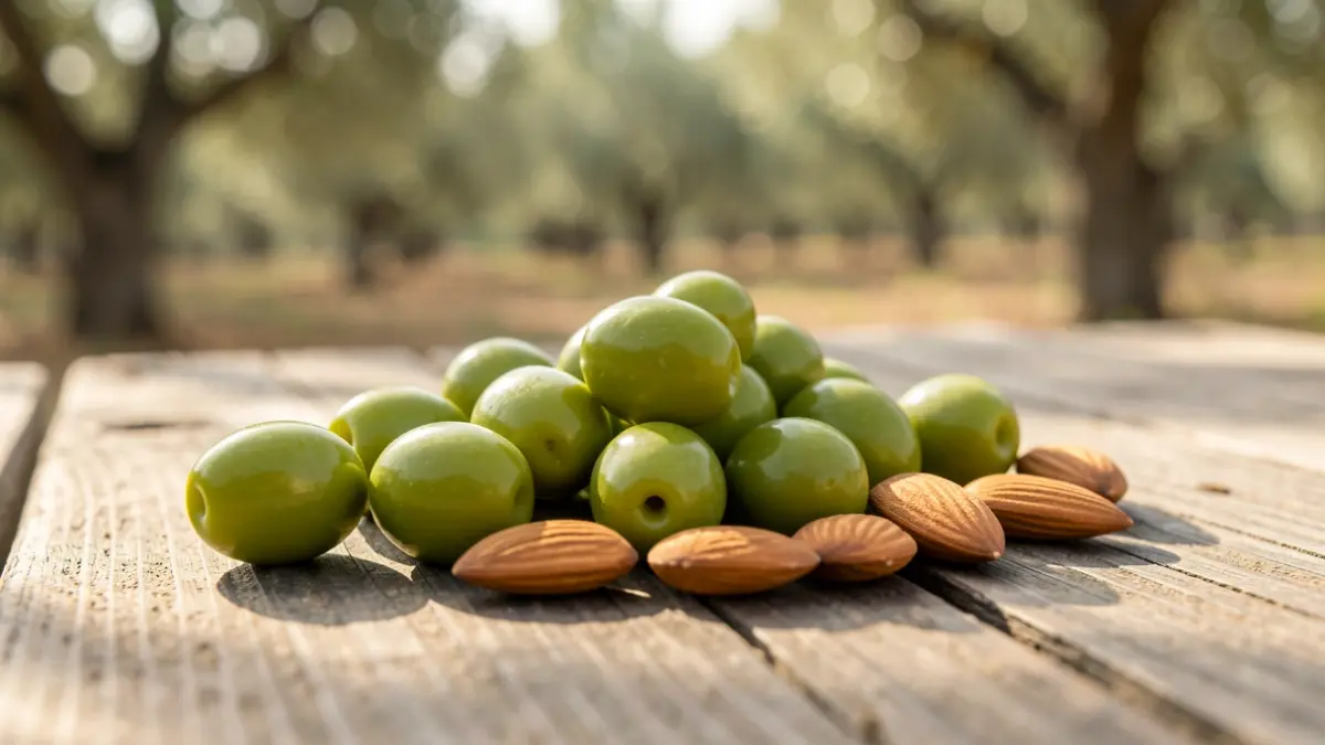 Imatge genèrica de productes agrícoles com olives i ametles sobre una taula de fusta.