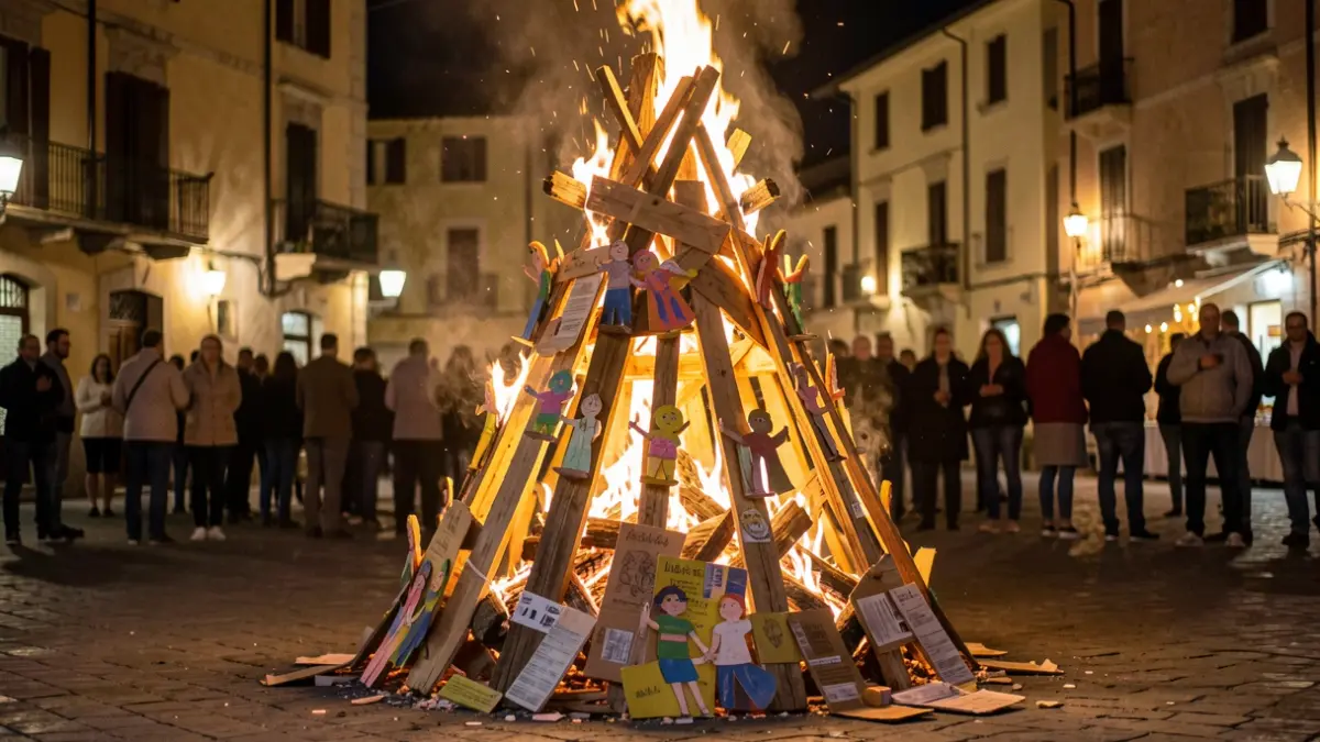 Imagen genérica de una hoguera a punto de quemarse en una plaza de una ciudad mediterránea durante la noche.