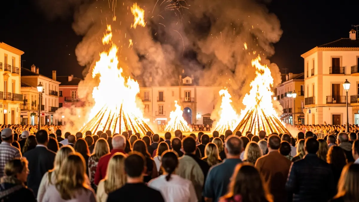 Generic image of the Cremà of Alicante's Fogueres with fireworks and crowds.