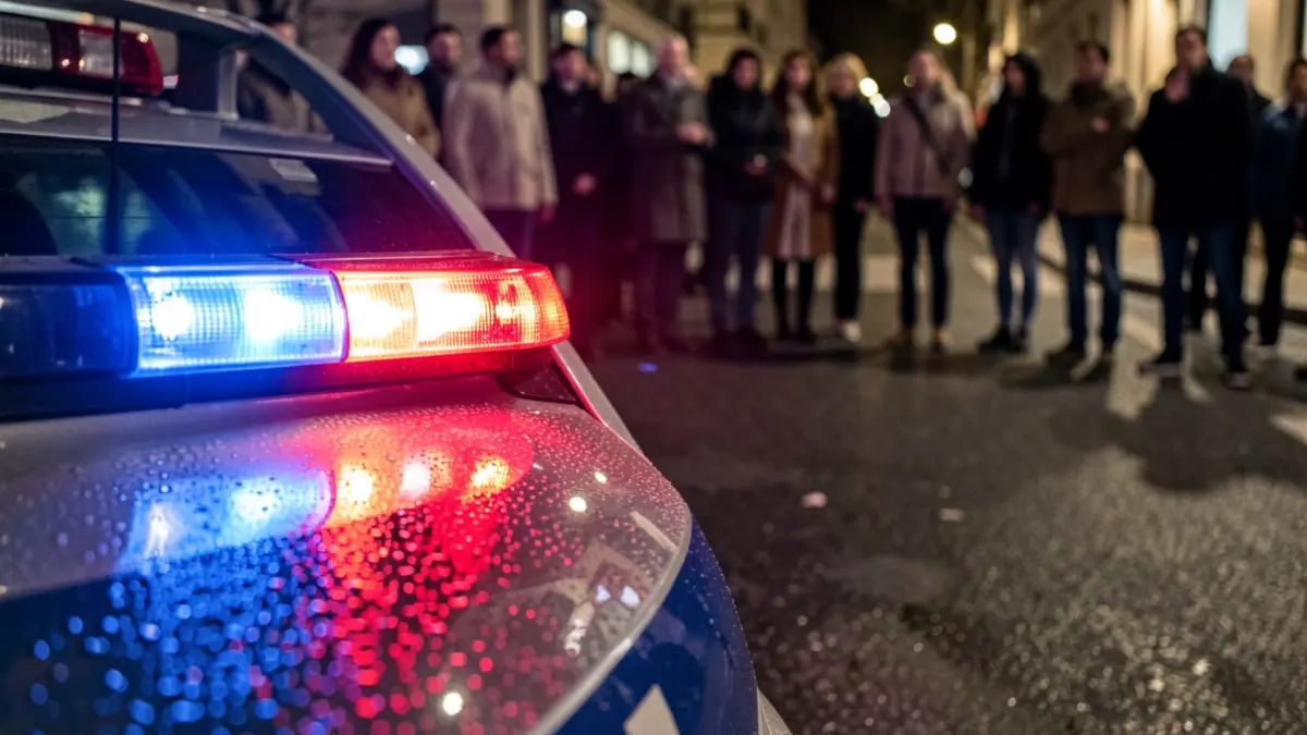 Imagen genérica de luces de emergencia policiales reflejándose en asfalto mojado.