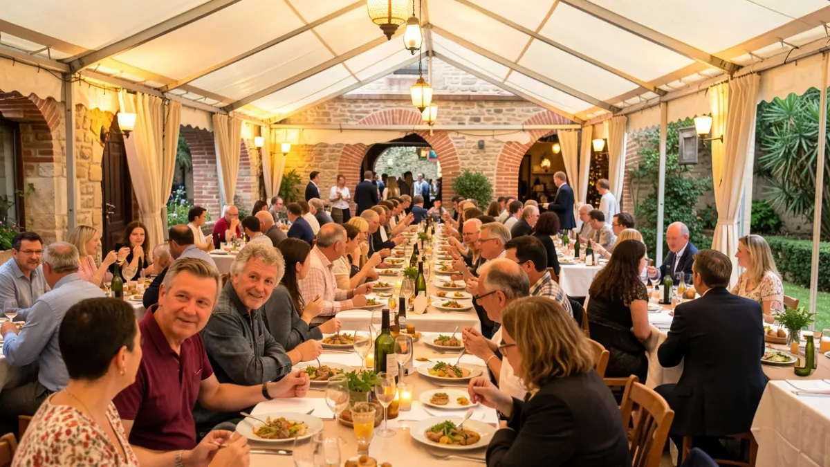 Imagen genérica del interior de una carpa de comedor con gente de diversas nacionalidades compartiendo un espacio común.