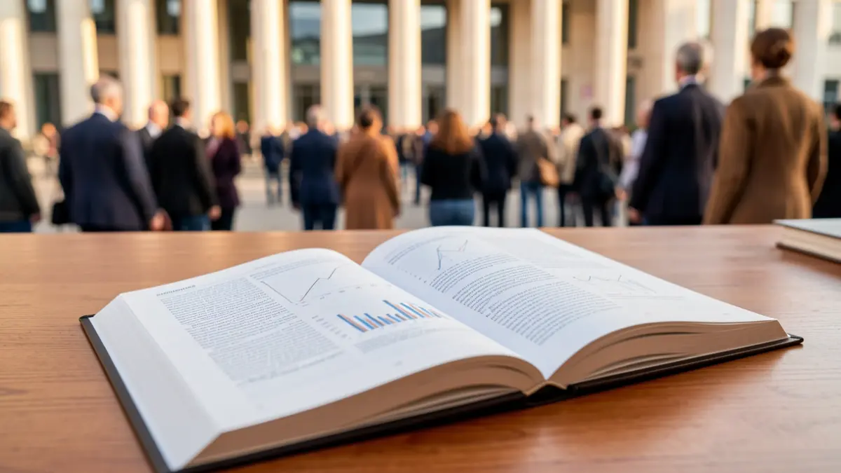 Imagen genérica de un libro abierto sobre una mesa con un edificio institucional al fondo.
