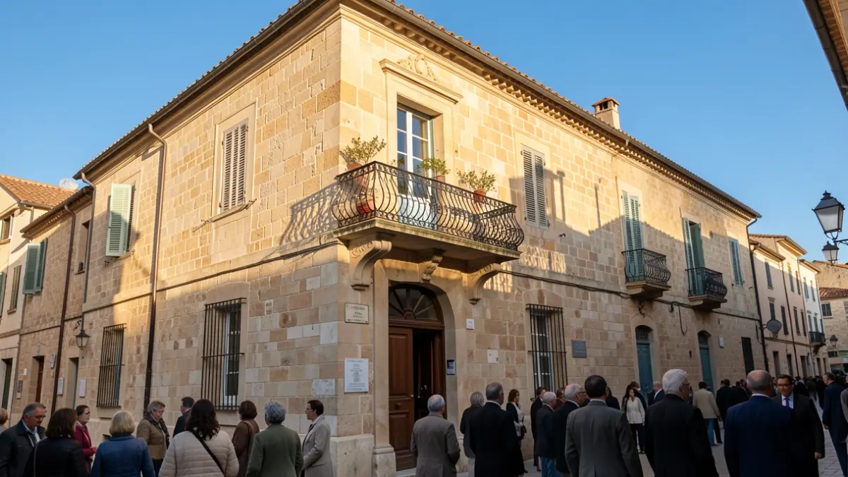 Imatge genèrica d'un edifici públic amb balcó de ferro forjat sota la llum del sol de la vesprada.