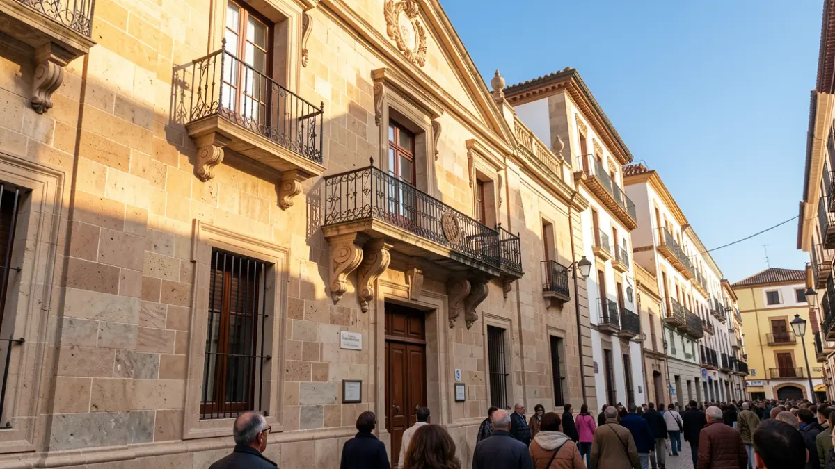 Generic image of a Valencian official building facade with a balcony and iron railings, illuminated by the afternoon sun.