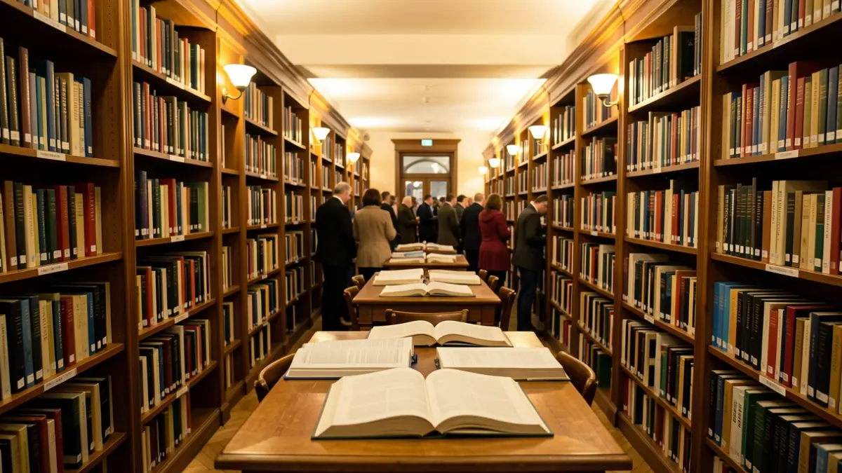 Generic image of a library with bookshelves full of books.