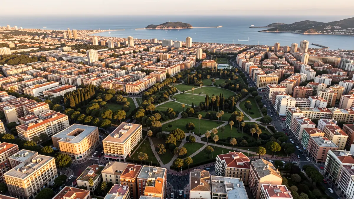 Aerial view of the Valencia metropolitan area with urban areas and green spaces.
