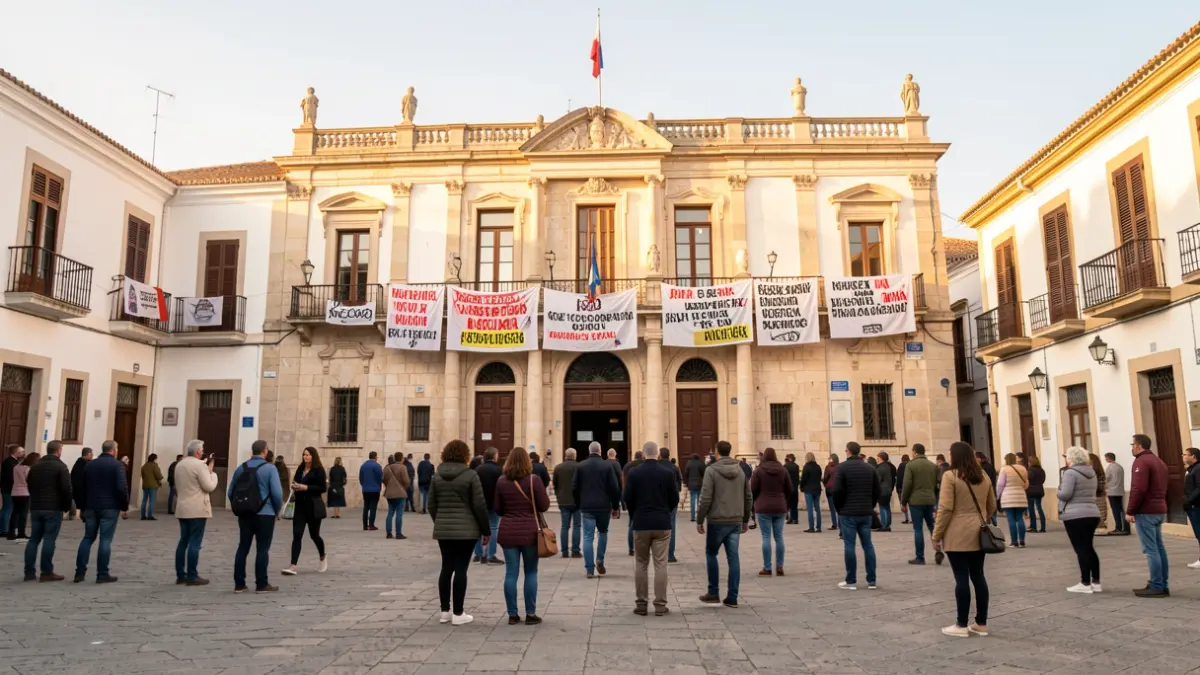 Image of the Plaza de la Constitución in Dénia with banners in front of the town hall.