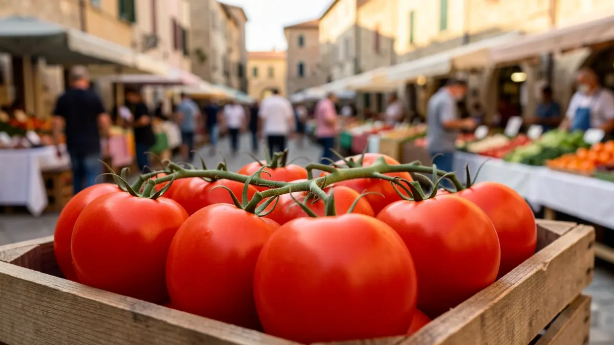 Generic image of ripe tomatoes in a wooden crate, with a market in the background.