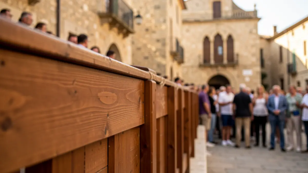 Detail of a wooden barrier in a traditional bullring during a sunny afternoon.
