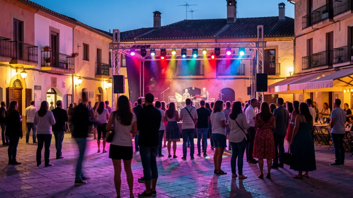 Generic image of an outdoor stage in a Mediterranean town square at dusk, with festive lights and blurred crowd.