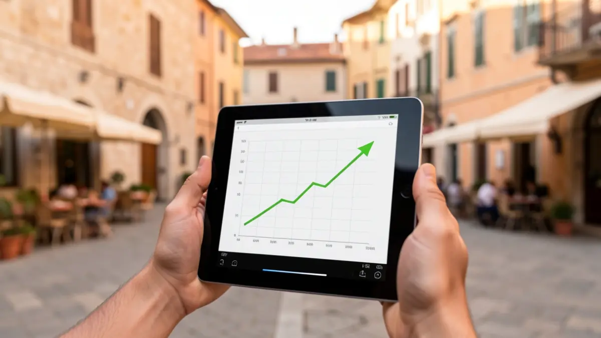 Generic image of a hand viewing an economic graph in a Mediterranean square.