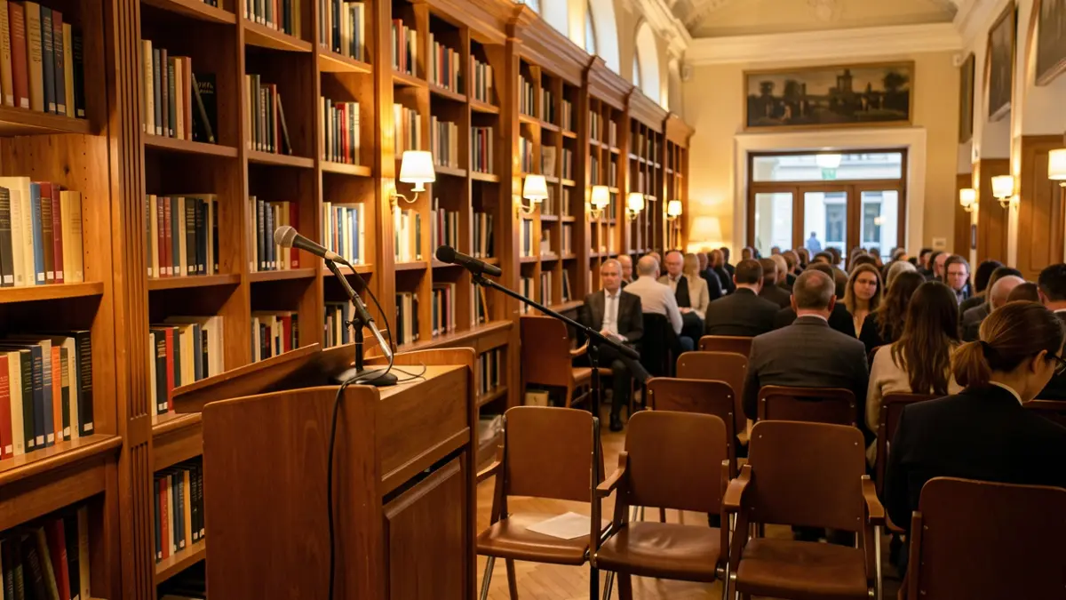Interior of an exhibition hall with warm lighting and wooden bookshelves.