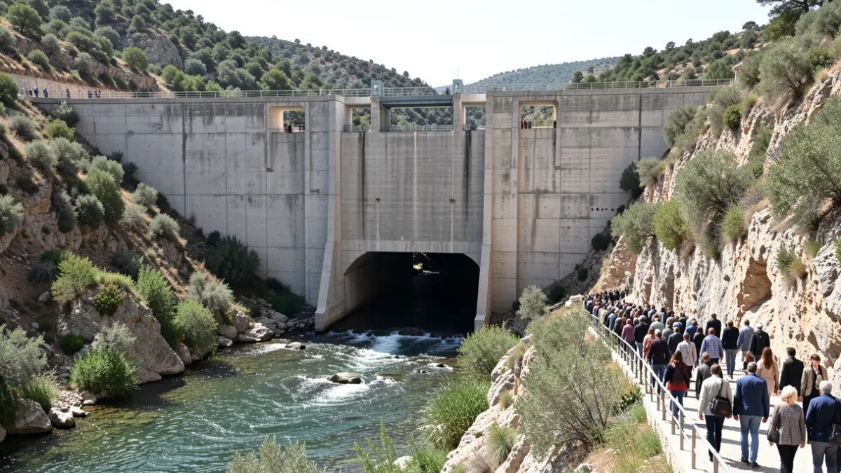 Imatge genèrica d'una presa integrada en el paisatge natural amb un pas ecològic.