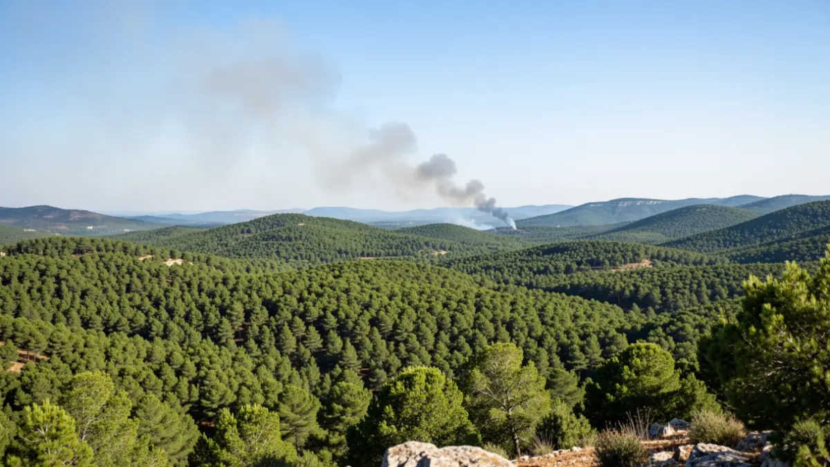 Imatge genèrica d'un bosc mediterrani amb fum a la distància.