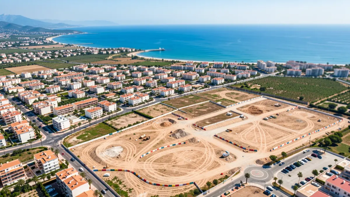 Aerial view of a developing coastal area in the Valencian Community with constructions and pending land.