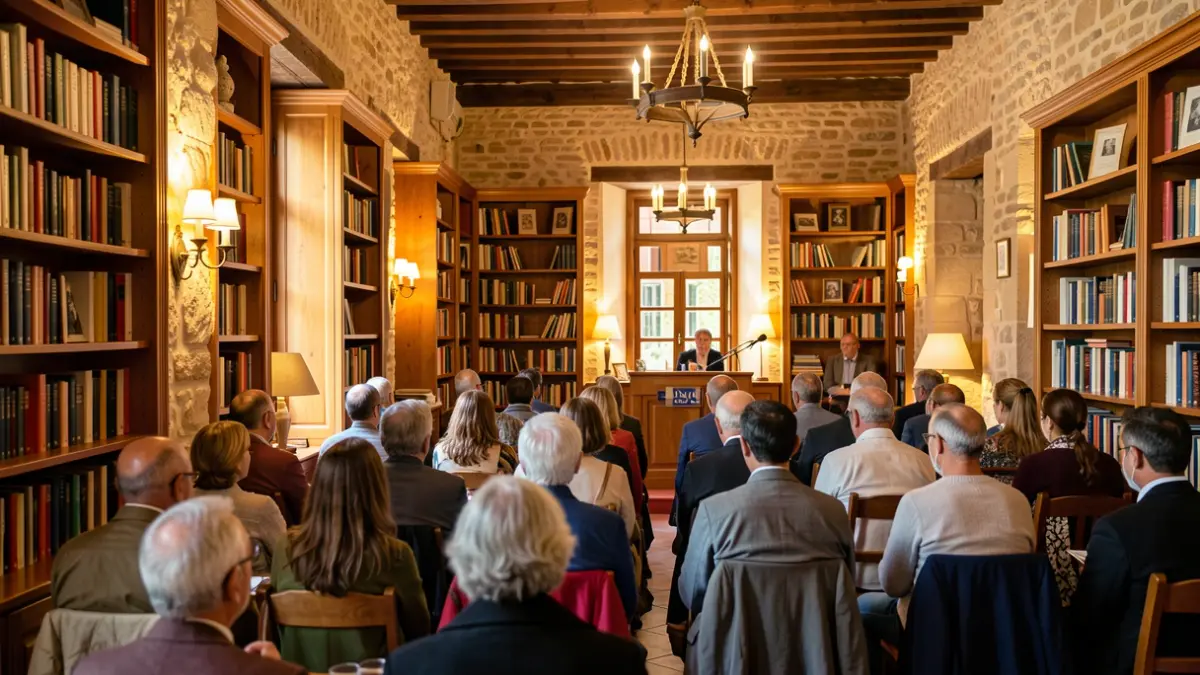 Interior of a cultural center in Valencia with traditional elements and a podium for events.