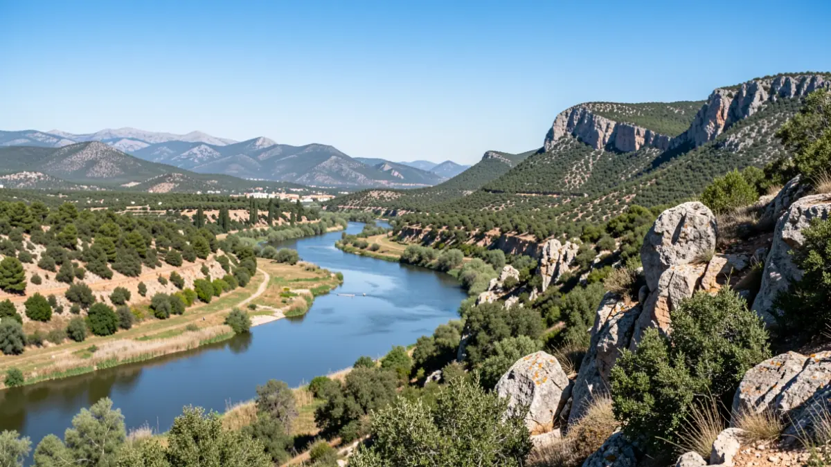 Vista panoràmica de la vall del riu Serpis a la Comunitat Valenciana, amb diversitat d'ecosistemes.