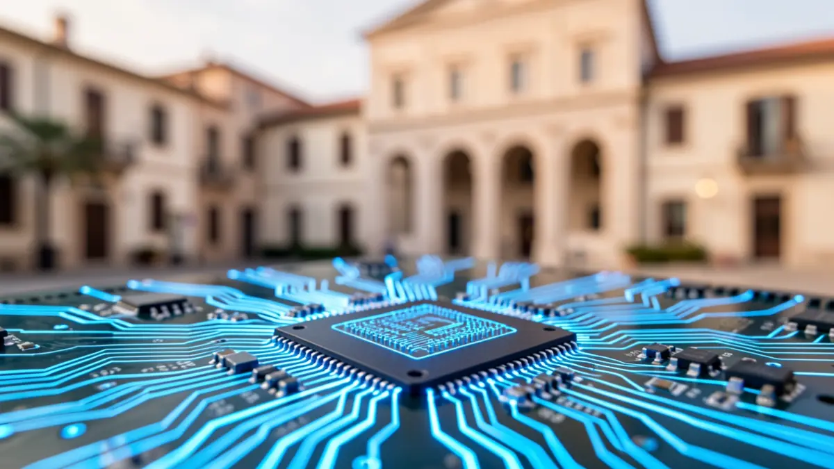 Imatge genèrica d'un circuit digital representant la intel·ligència artificial amb un ajuntament al fons.