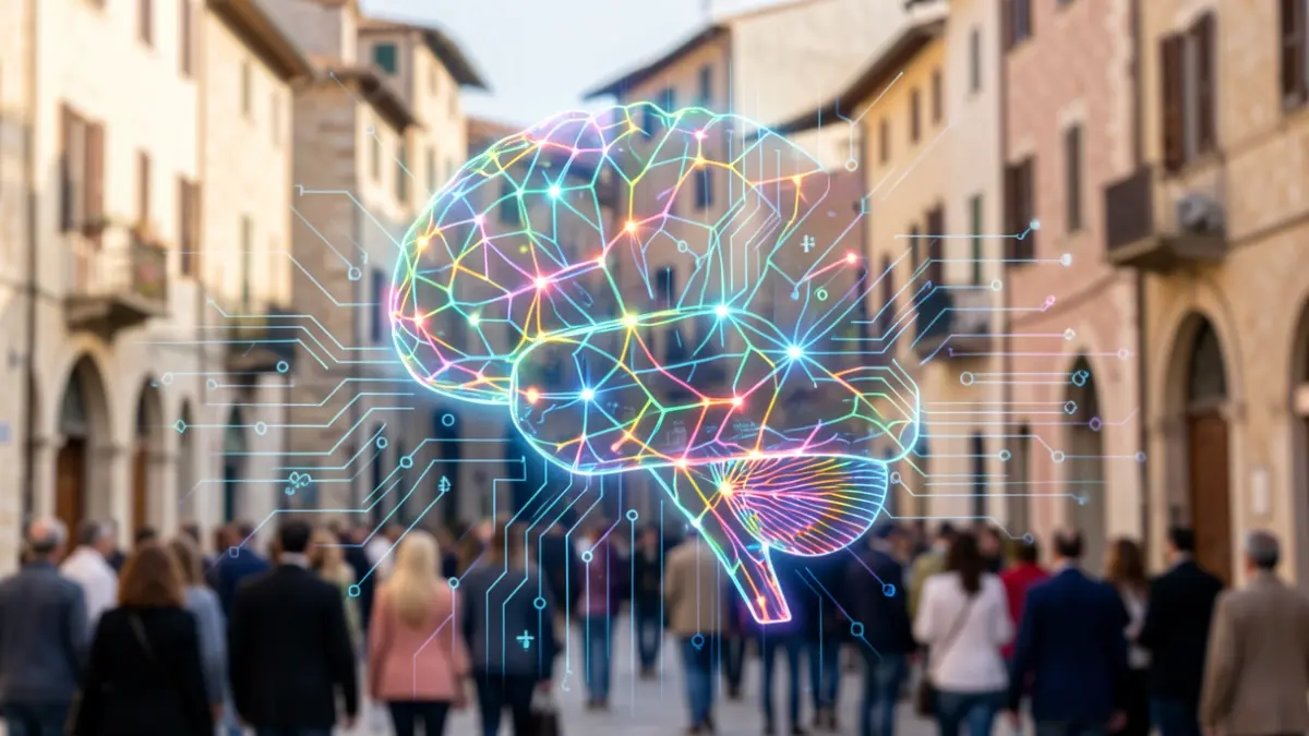 Generic technology image with artificial intelligence elements and Mediterranean architecture.