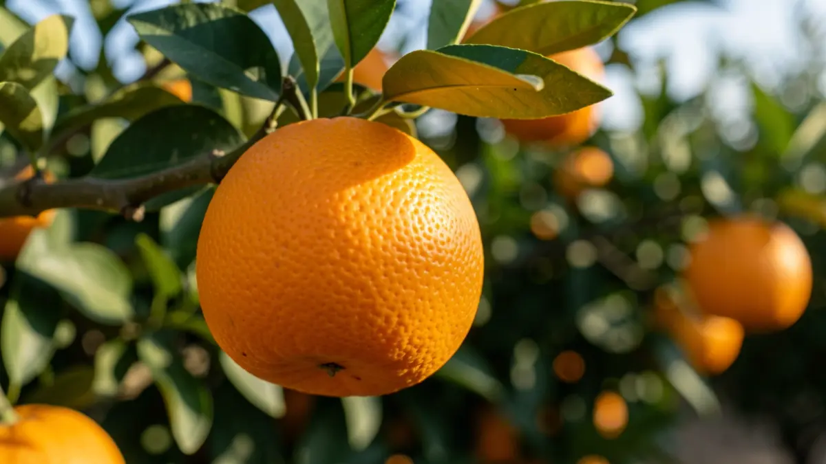 Freshly harvested Valencian orange on a tree.