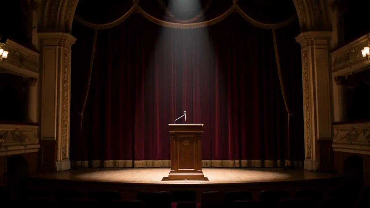 Generic image of a theatre stage with a podium illuminated by a spotlight.
